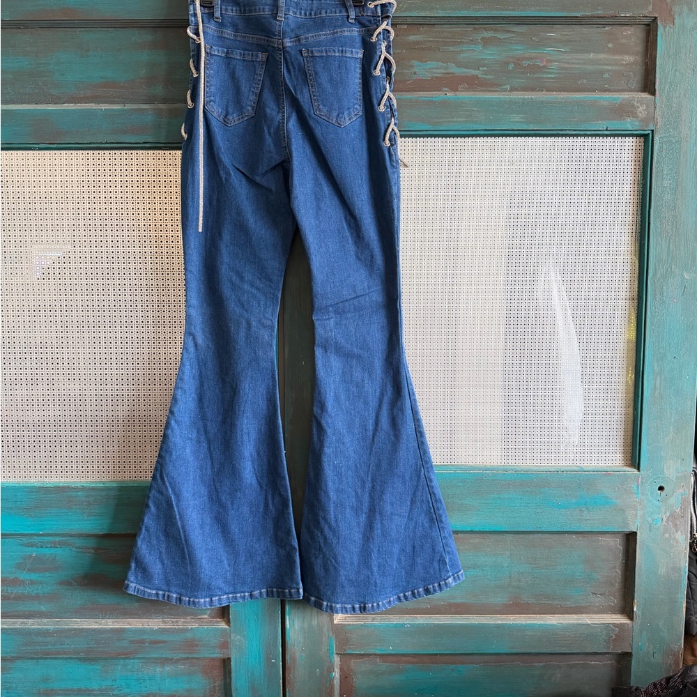 Elegant Denim Flare Jeans with Rhinestone Lace-Up Sides